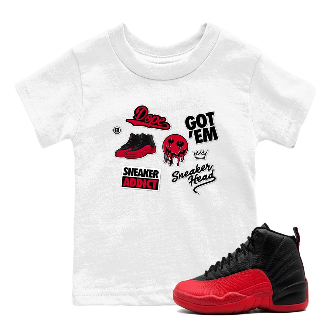 12s Flu Game shirts to match jordans Sneakerhead Sticker sneaker match tees Air Jordan 12 Retro Flu Game match shoes to clothes SNRT Sneaker Tees Youth Baby White 1 tee
