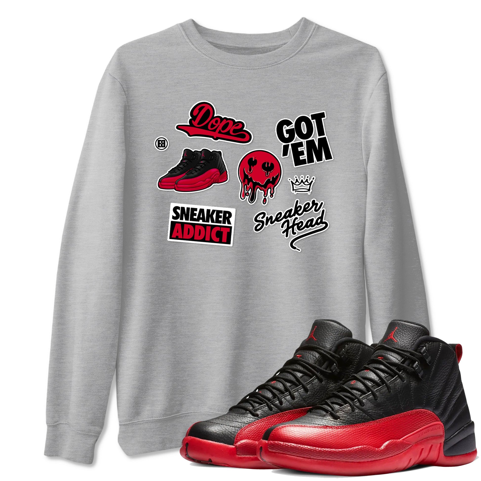 12s Flu Game shirts to match jordans Sneakerhead Sticker sneaker match tees Air Jordan 12 Retro Flu Game match shoes to clothes SNRT Sneaker Tees unisex cotton Heather Grey 1 shirts