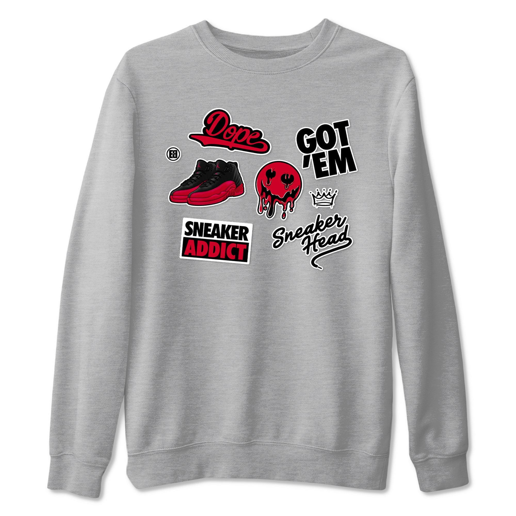 12s Flu Game shirts to match jordans Sneakerhead Sticker sneaker match tees Air Jordan 12 Retro Flu Game match shoes to clothes SNRT Sneaker Tees unisex cotton Heather Grey 2 shirts