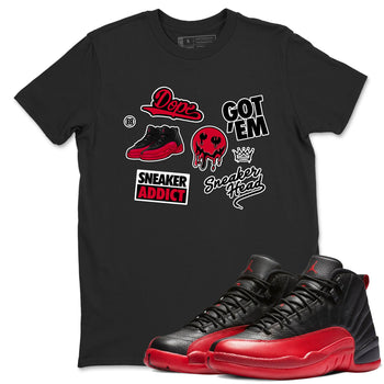 12s Flu Game shirts to match jordans Sneakerhead Sticker sneaker match tees Air Jordan 12 Retro Flu Game match shoes to clothes SNRT Sneaker Tees unisex cotton Black 1 shirts