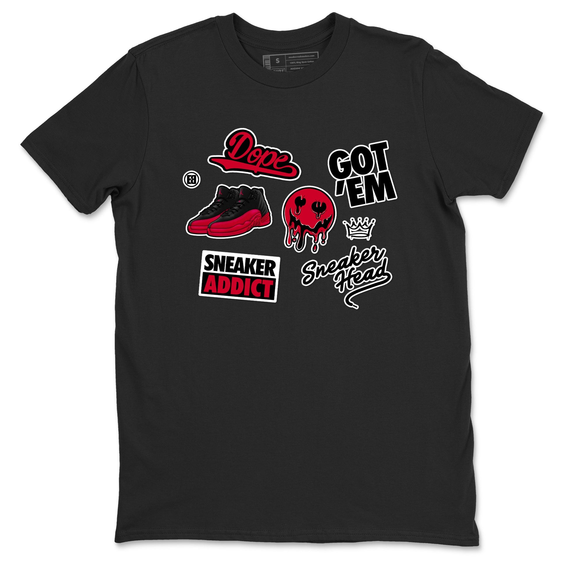 12s Flu Game shirts to match jordans Sneakerhead Sticker sneaker match tees Air Jordan 12 Retro Flu Game match shoes to clothes SNRT Sneaker Tees unisex cotton Black 2 shirts