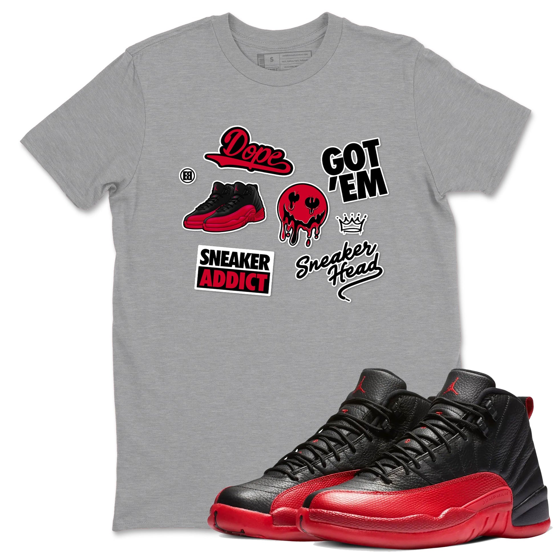 12s Flu Game shirts to match jordans Sneakerhead Sticker sneaker match tees Air Jordan 12 Retro Flu Game match shoes to clothes SNRT Sneaker Tees unisex cotton Heather Grey 1 shirts