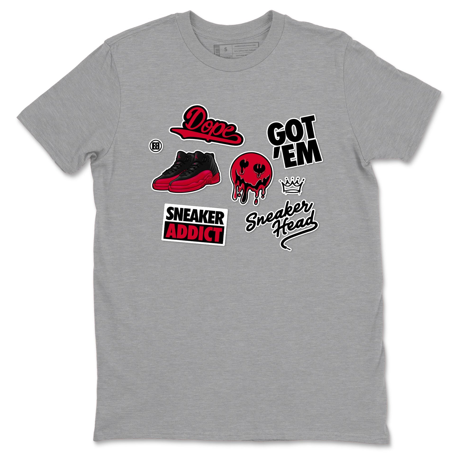 12s Flu Game shirts to match jordans Sneakerhead Sticker sneaker match tees Air Jordan 12 Retro Flu Game match shoes to clothes SNRT Sneaker Tees unisex cotton Heather Grey 2 shirts
