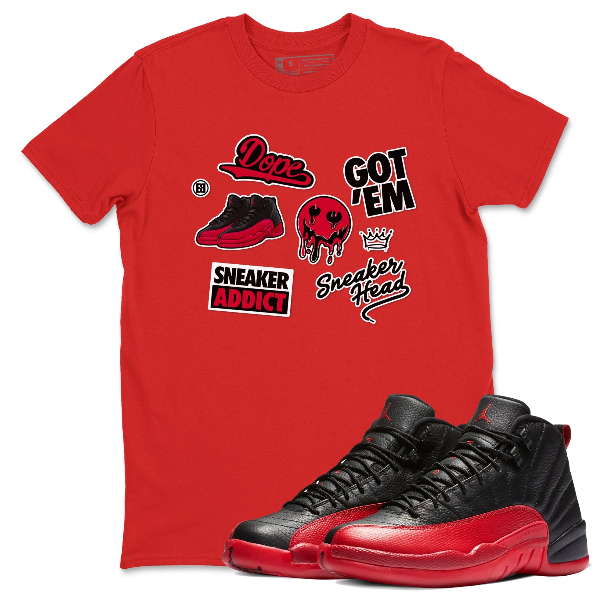12s Flu Game shirts to match jordans Sneakerhead Sticker sneaker match tees Air Jordan 12 Retro Flu Game match shoes to clothes SNRT Sneaker Tees unisex cotton Red 1 shirts