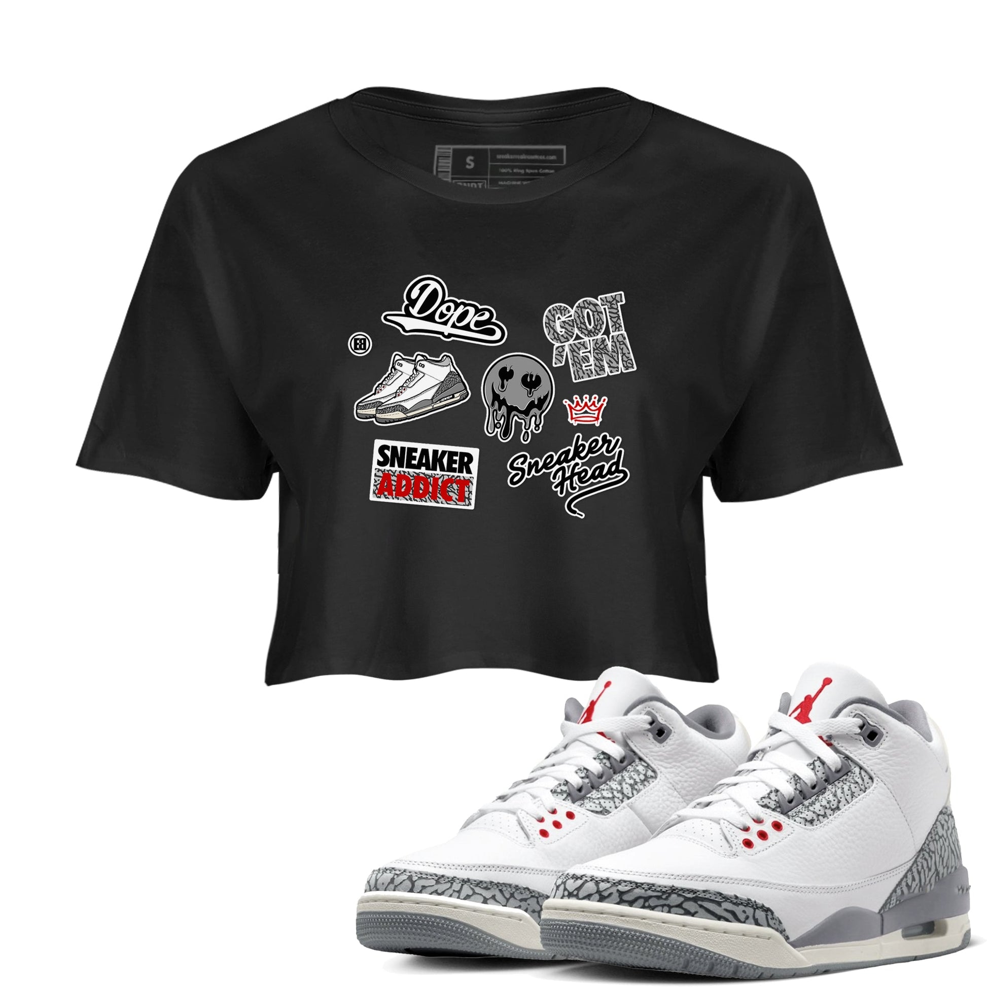 3s Cement Grey shirts to match jordans Sneakerhead Sticker sneaker match tees Air Jordan 3 Cement Grey SNRT Sneaker Release Tees unisex cotton Black 1 Crop Shirts