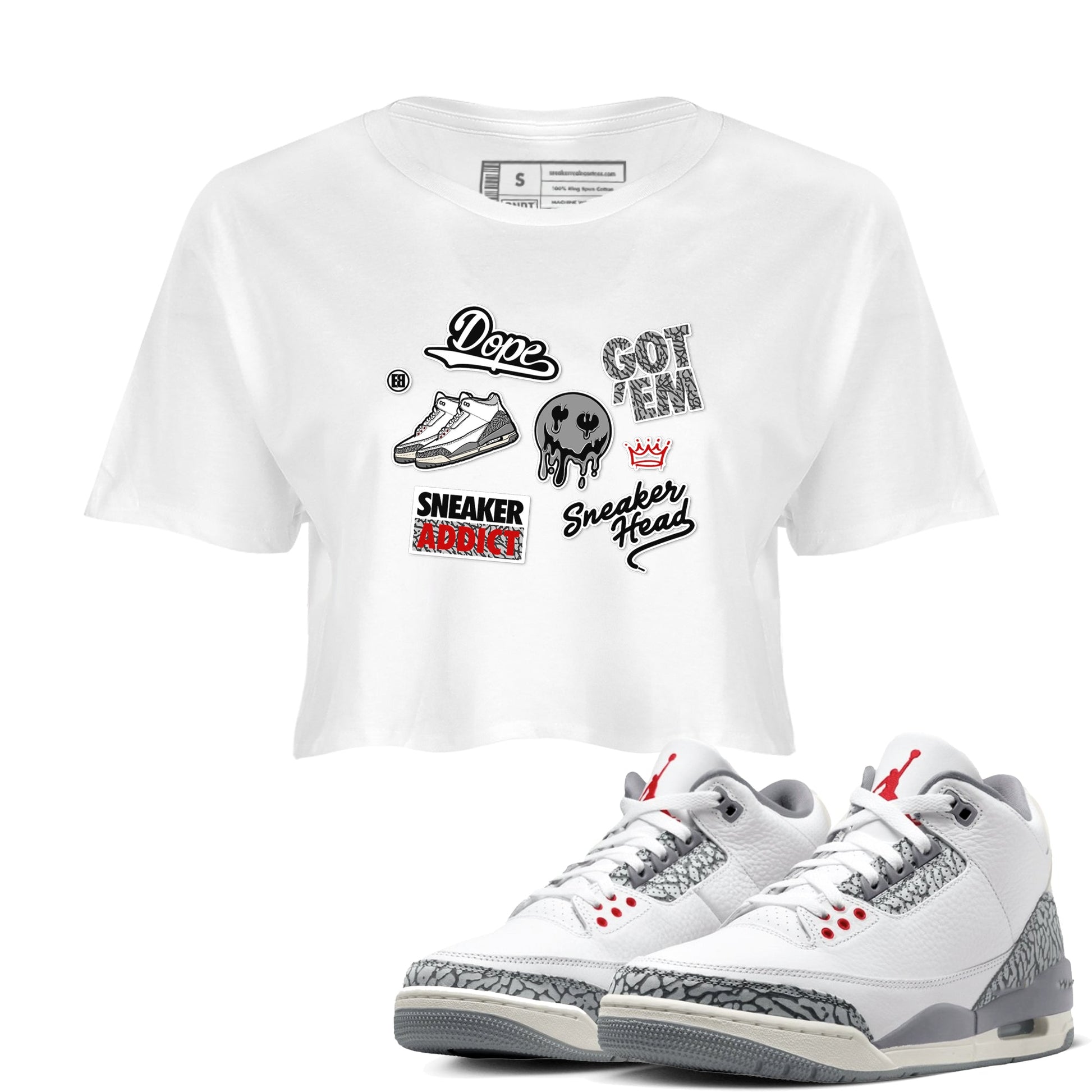 3s Cement Grey shirts to match jordans Sneakerhead Sticker sneaker match tees Air Jordan 3 Cement Grey SNRT Sneaker Release Tees unisex cotton White 1 Crop Shirts