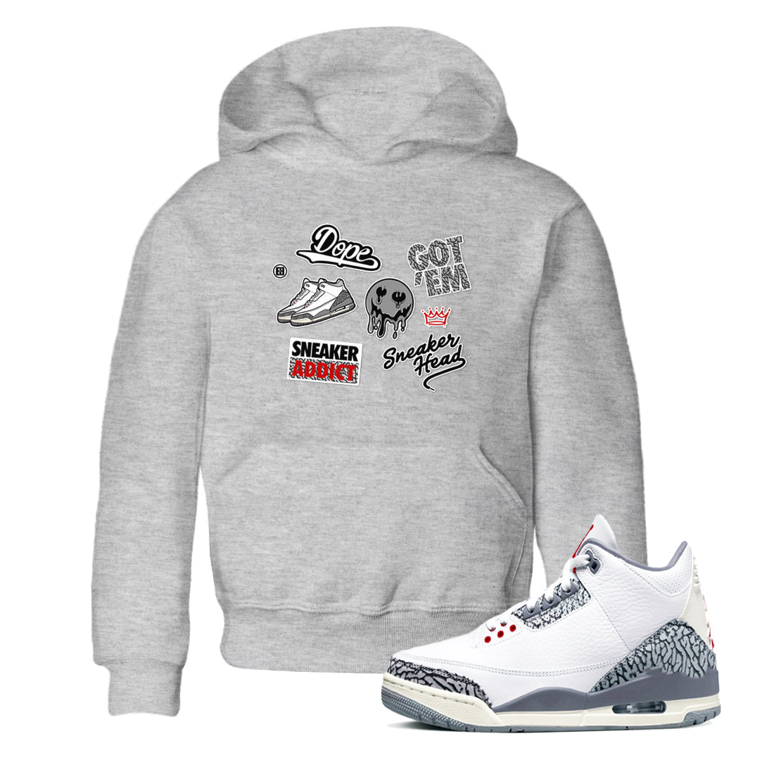 3s Cement Grey shirts to match jordans Sneakerhead Sticker sneaker match tees Air Jordan 3 Cement Grey SNRT Sneaker Release Tees Youth Baby Heather Grey 1 crew neck shirts