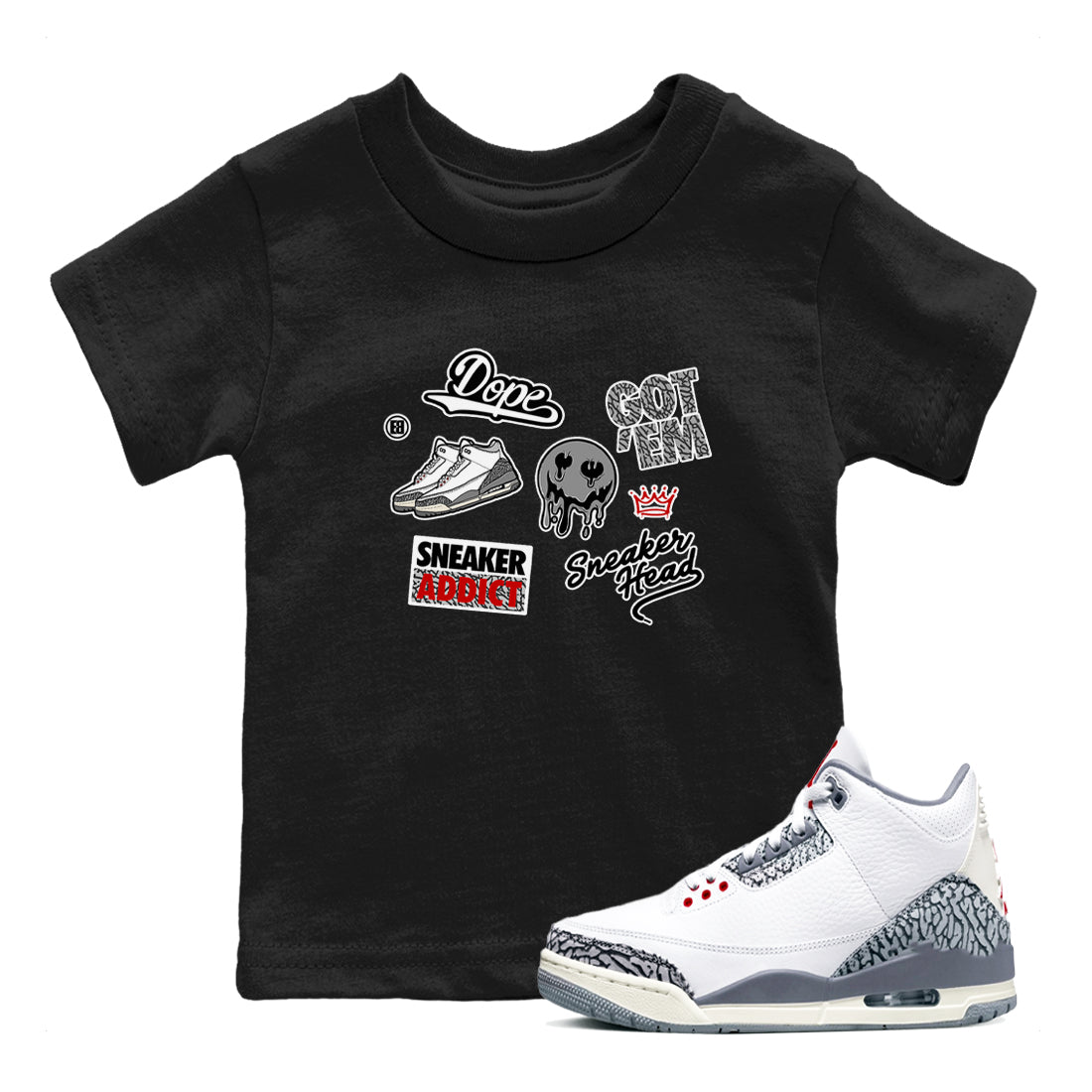 3s Cement Grey shirts to match jordans Sneakerhead Sticker sneaker match tees Air Jordan 3 Cement Grey SNRT Sneaker Release Tees Youth Baby Black 1 crew neck shirts