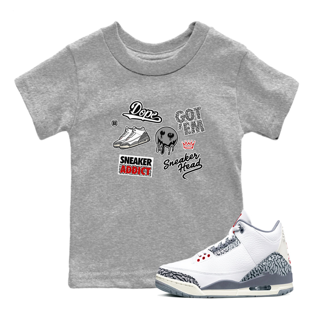 3s Cement Grey shirts to match jordans Sneakerhead Sticker sneaker match tees Air Jordan 3 Cement Grey SNRT Sneaker Release Tees Youth Baby Heather Grey 1 crew neck shirts