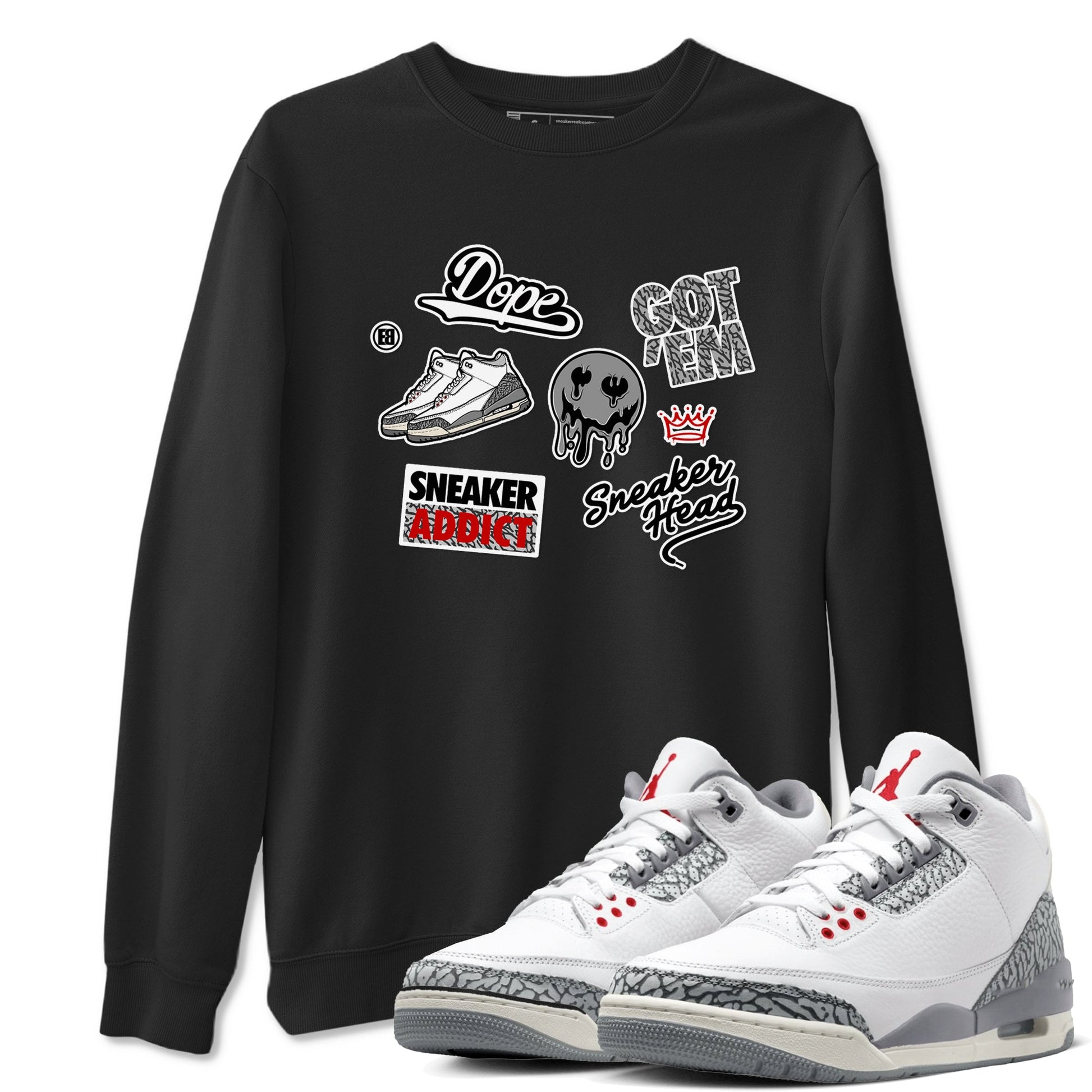 3s Cement Grey shirts to match jordans Sneakerhead Sticker sneaker match tees Air Jordan 3 Cement Grey SNRT Sneaker Release Tees unisex cotton Black 1 crew neck shirts