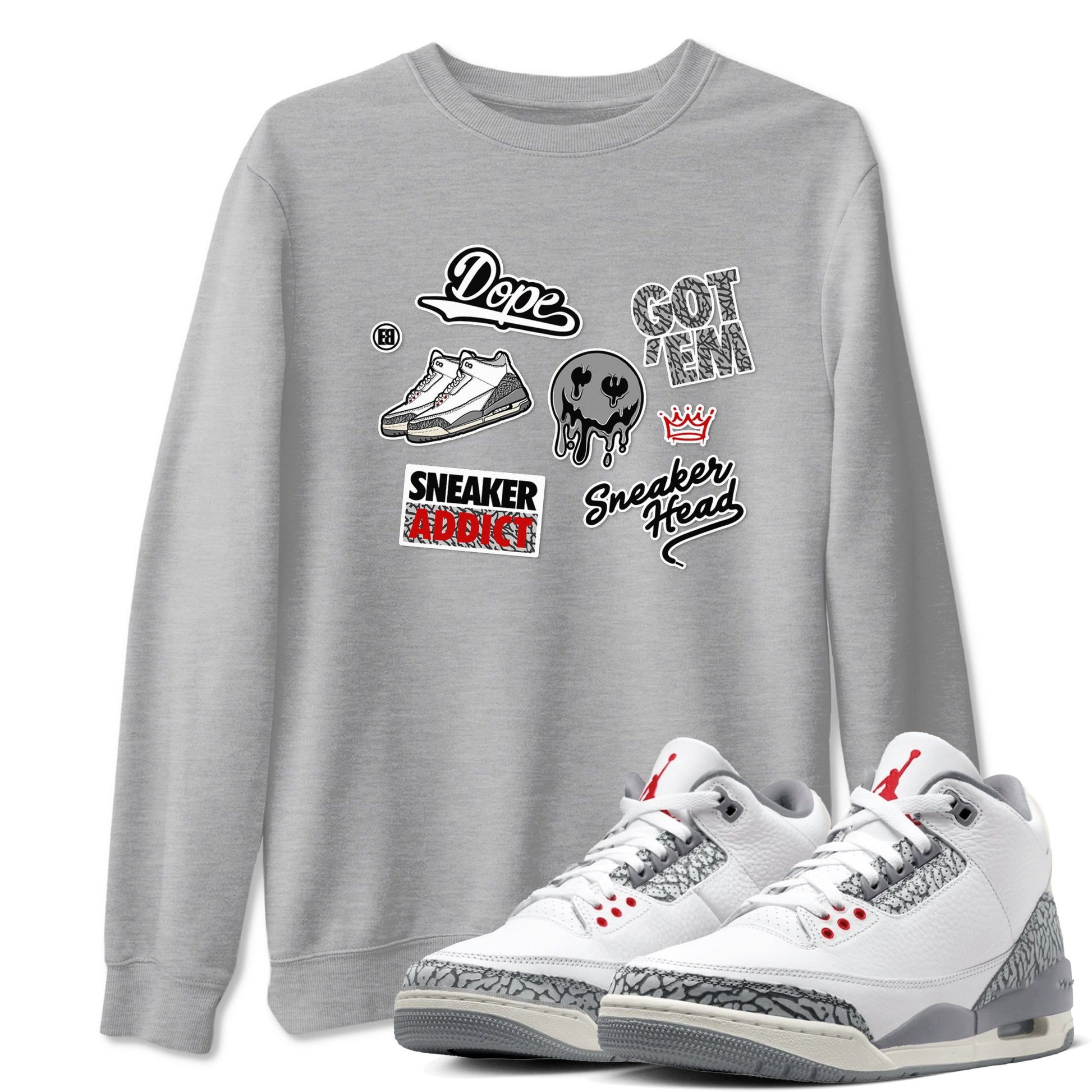 3s Cement Grey shirts to match jordans Sneakerhead Sticker sneaker match tees Air Jordan 3 Cement Grey SNRT Sneaker Release Tees unisex cotton Heather Grey 1 crew neck shirts
