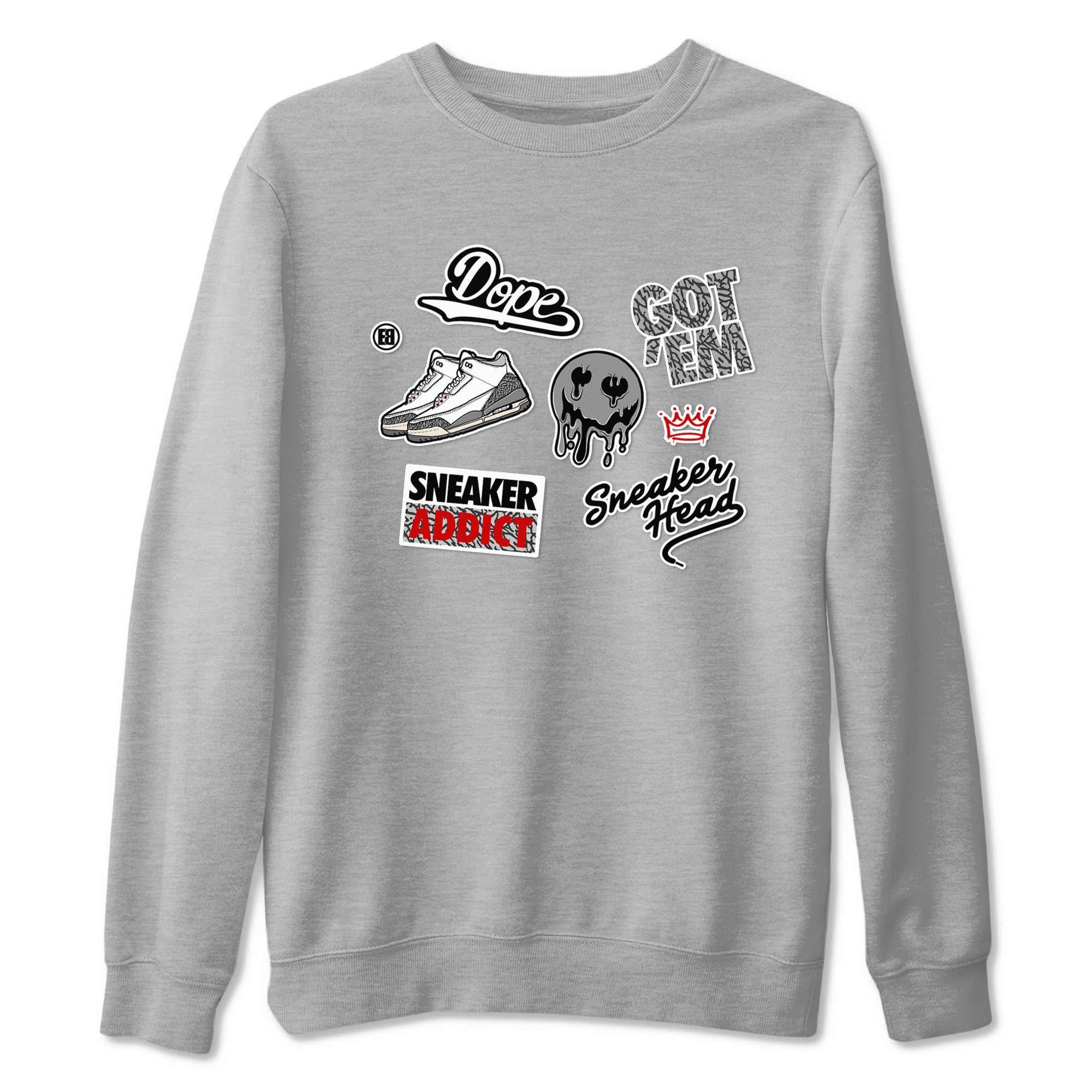 3s Cement Grey shirts to match jordans Sneakerhead Sticker sneaker match tees Air Jordan 3 Cement Grey SNRT Sneaker Release Tees unisex cotton Heather Grey 2 crew neck shirts