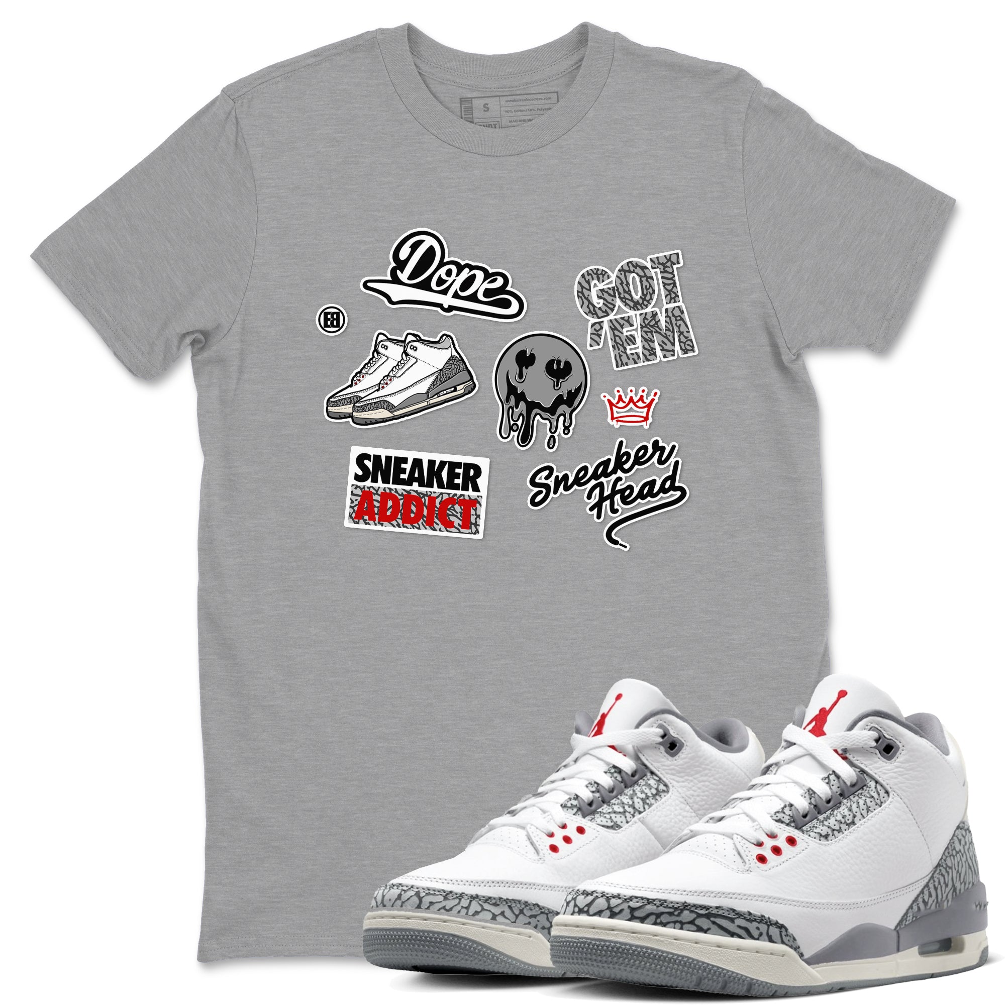 3s Cement Grey shirts to match jordans Sneakerhead Sticker sneaker match tees Air Jordan 3 Cement Grey SNRT Sneaker Release Tees unisex cotton Heather Grey 1 crew neck shirts