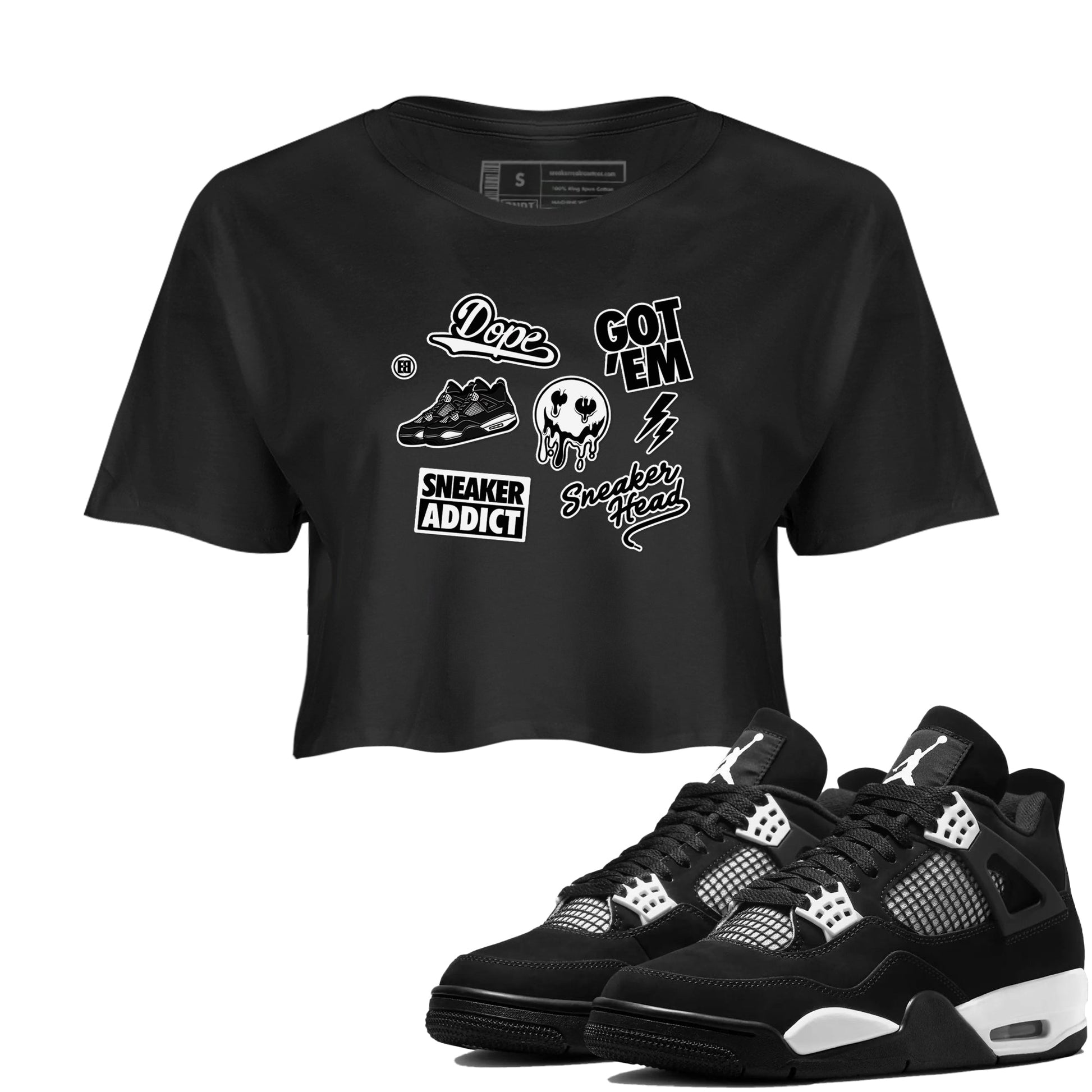 AJ4 White Thunder shirts to match jordans Sneakerhead Sticker sneaker match tees Air Jordan 4 White Thunder SNRT Sneaker Tees streetwear brand Black 1 crop tee