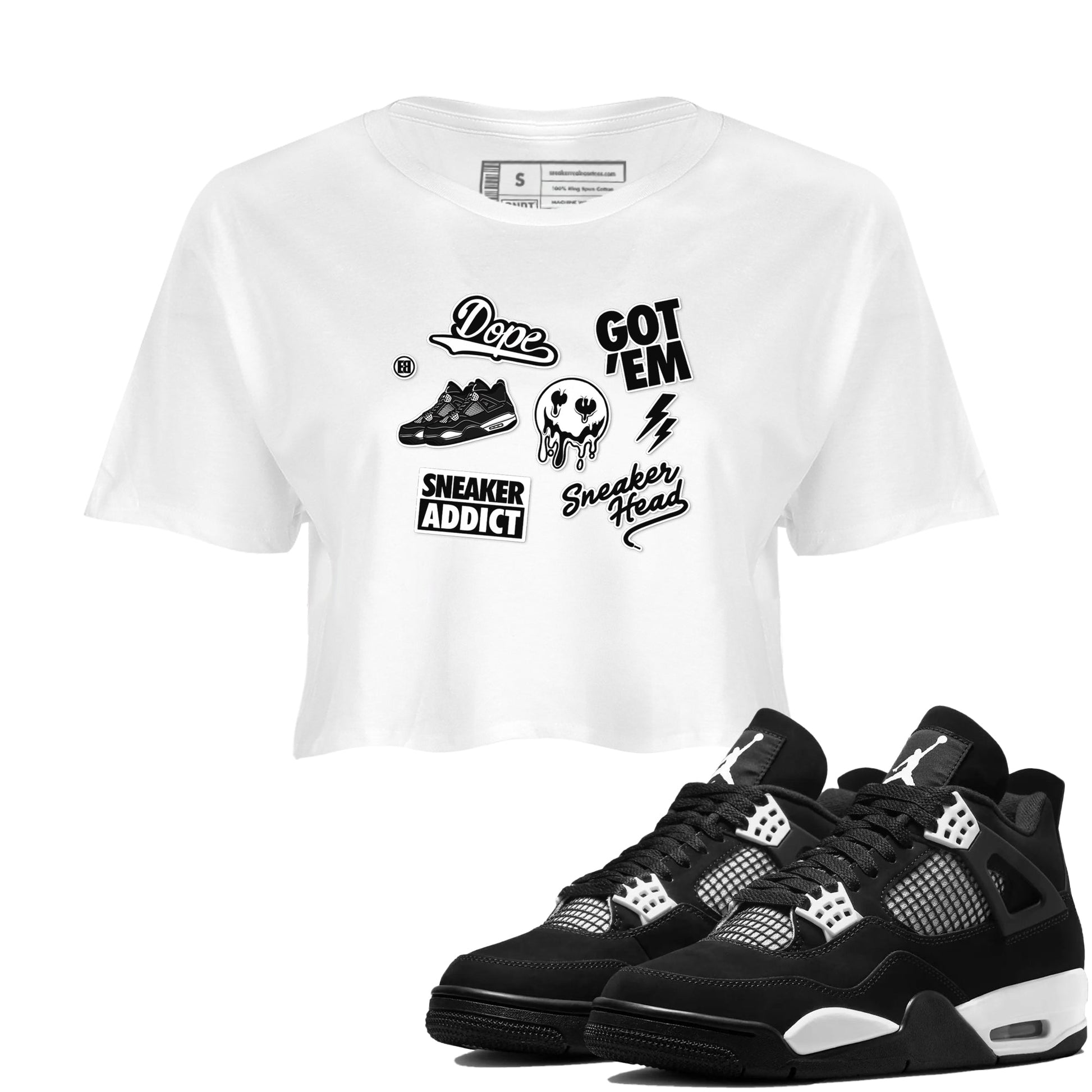 AJ4 White Thunder shirts to match jordans Sneakerhead Sticker sneaker match tees Air Jordan 4 White Thunder SNRT Sneaker Tees streetwear brand White 1 crop tee