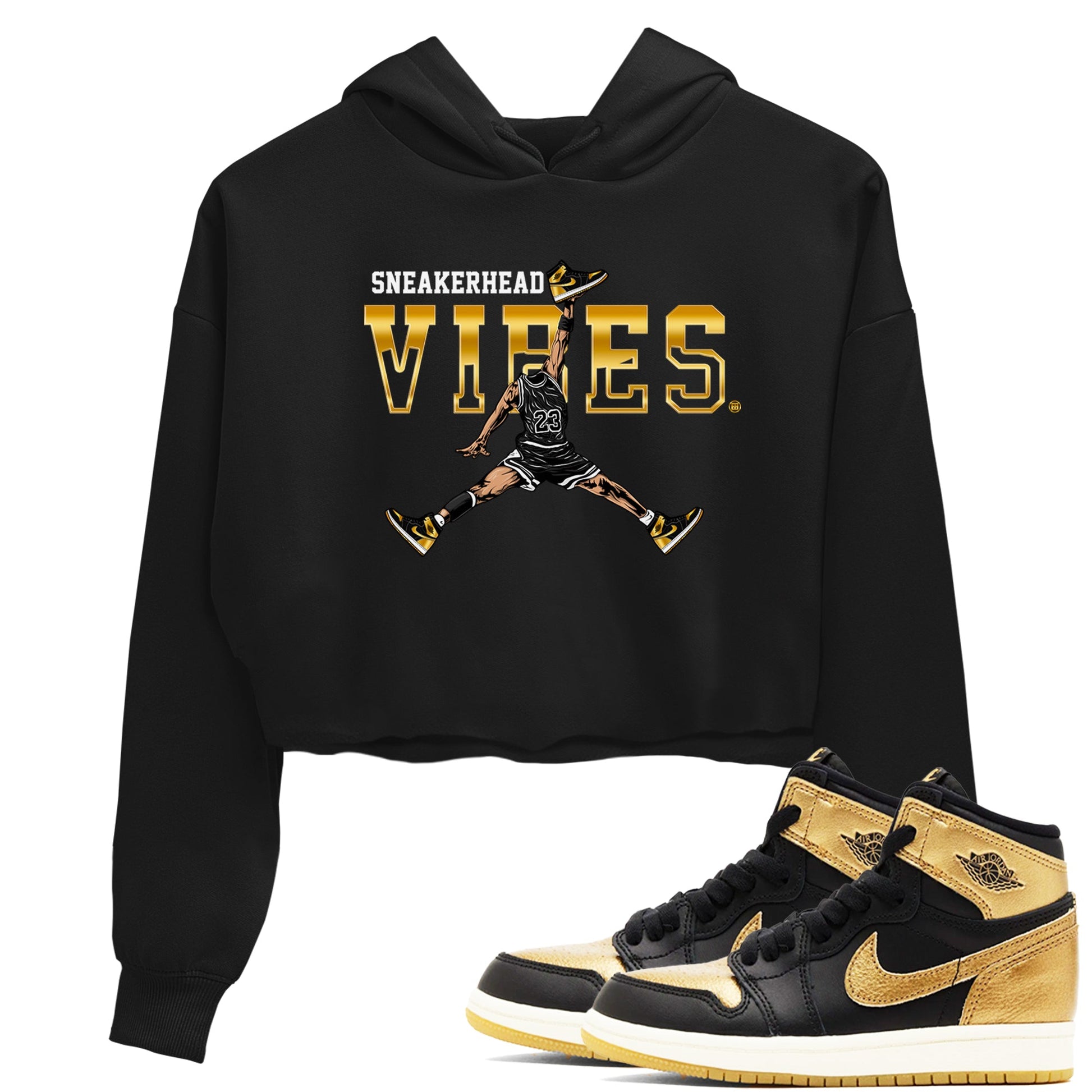 Air Jordan 1 High OG Black Metallic Gold shirts to match jordans Sneakerhead Vibes sneaker match tees Jordan 1 Black Metallic Gold SNRT Sneaker Tees streetwear brand Black 1 crop tee
