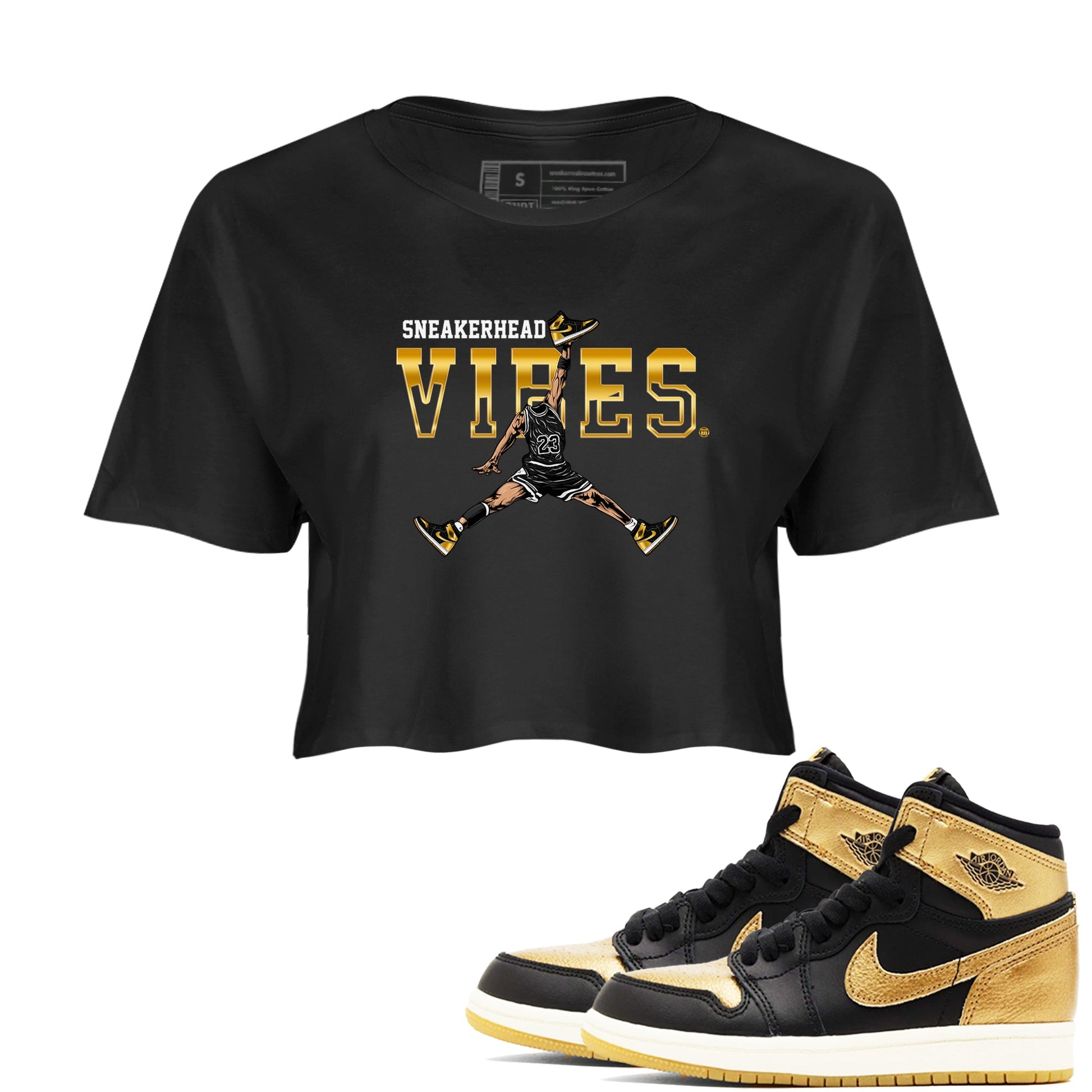 Air Jordan 1 High OG Black Metallic Gold shirts to match jordans Sneakerhead Vibes sneaker match tees Jordan 1 Black Metallic Gold SNRT Sneaker Tees streetwear brand Black 1 crop tee