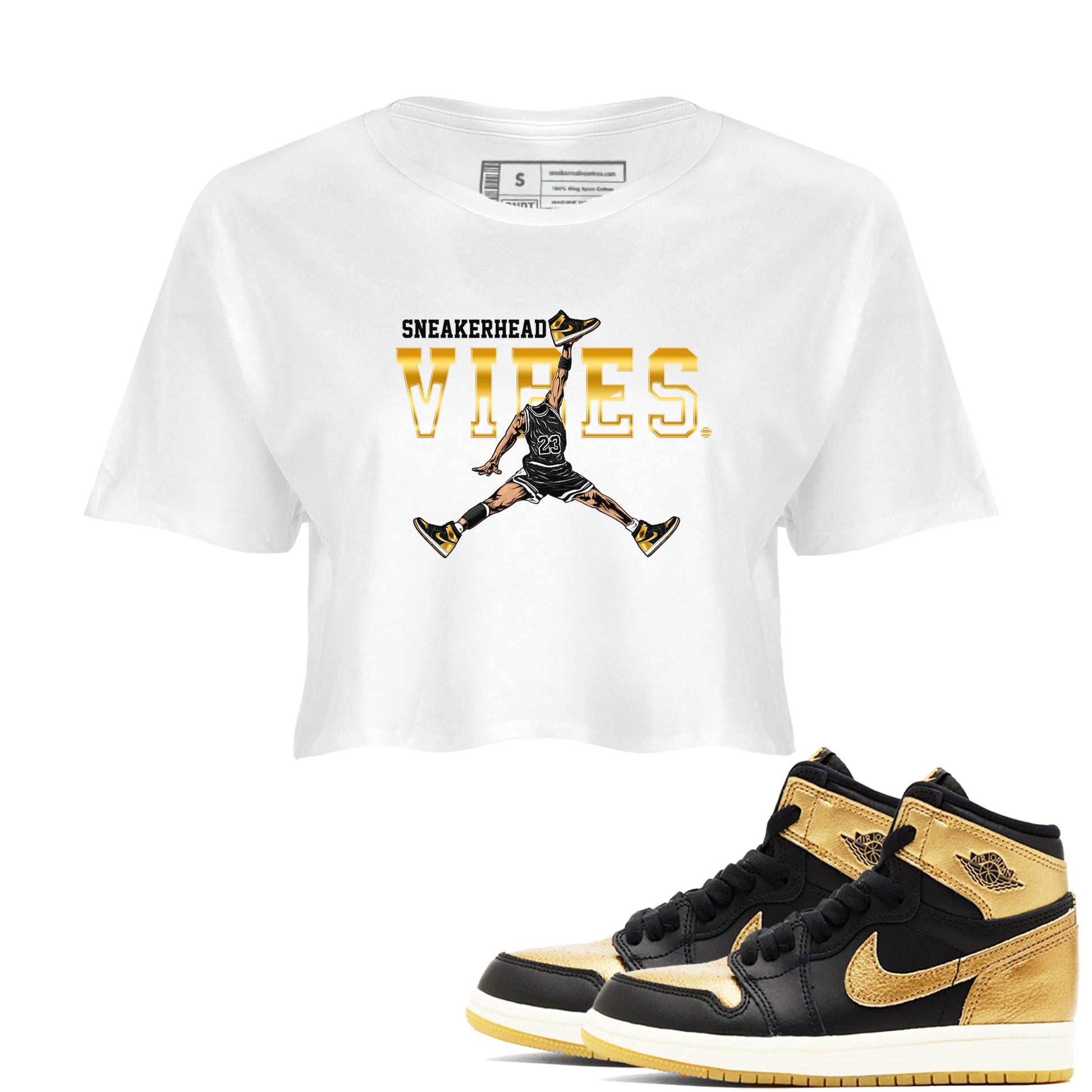 Air Jordan 1 High OG Black Metallic Gold shirts to match jordans Sneakerhead Vibes sneaker match tees Jordan 1 Black Metallic Gold SNRT Sneaker Tees streetwear brand White 1 crop tee