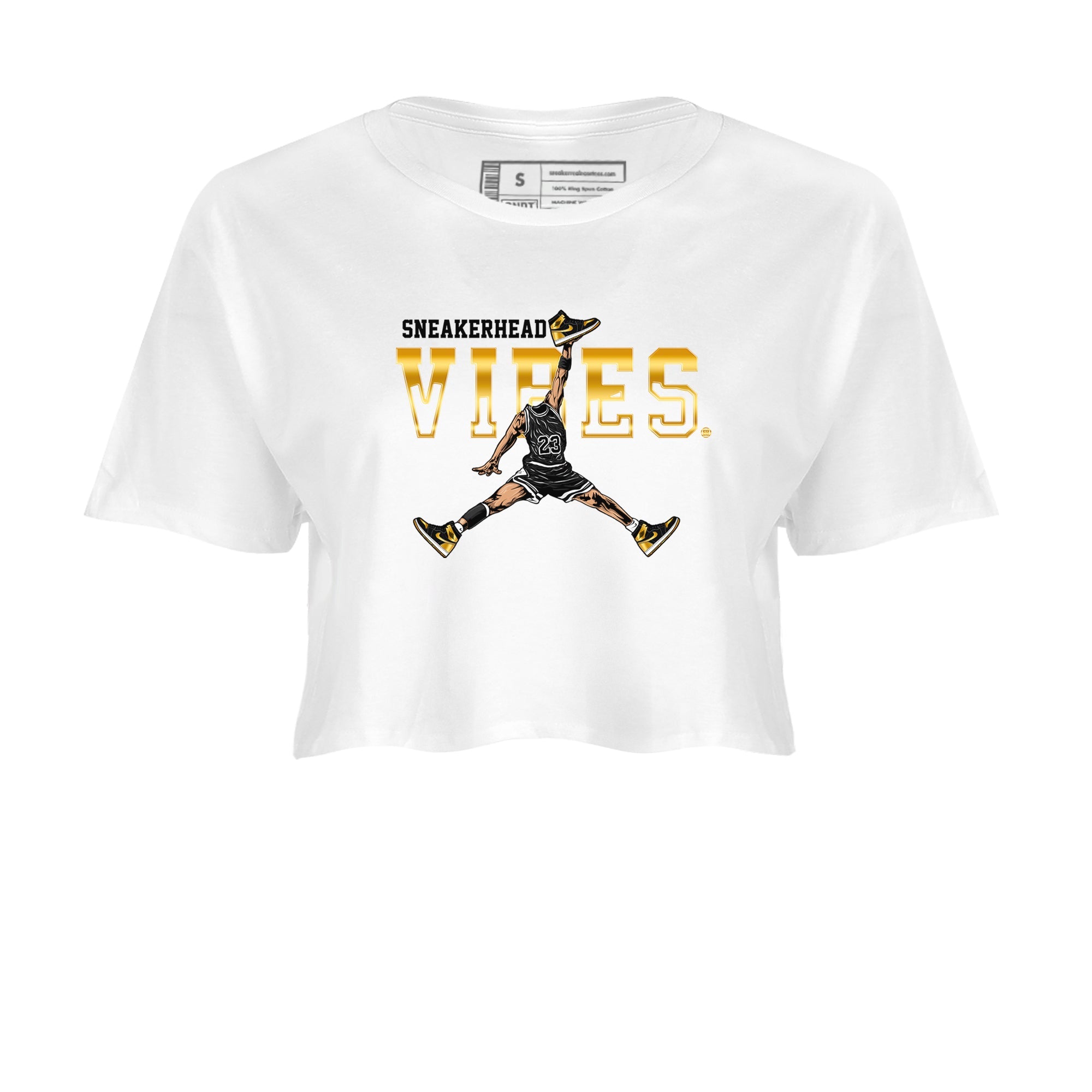 Air Jordan 1 High OG Black Metallic Gold shirts to match jordans Sneakerhead Vibes sneaker match tees Jordan 1 Black Metallic Gold SNRT Sneaker Tees streetwear brand White 2 crop tee