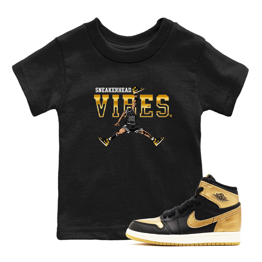 Air Jordan 1 High OG Black Metallic Gold shirts to match jordans Sneakerhead Vibes sneaker match tees Jordan 1 Black Metallic Gold SNRT Sneaker Tees streetwear brand Baby and Youth Black 1 cotton tee