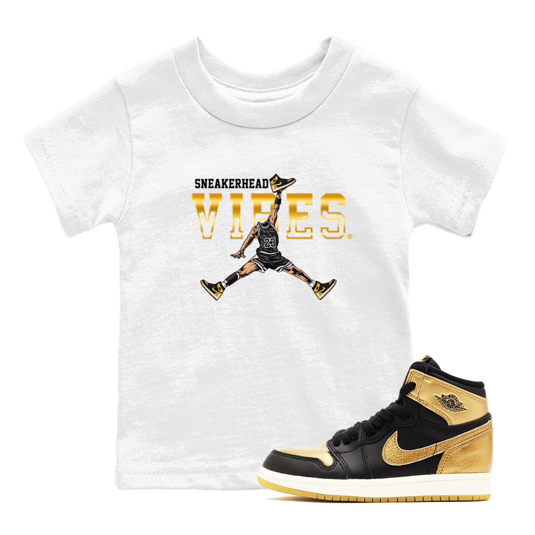 Air Jordan 1 High OG Black Metallic Gold shirts to match jordans Sneakerhead Vibes sneaker match tees Jordan 1 Black Metallic Gold SNRT Sneaker Tees streetwear brand Baby and Youth White 1 cotton tee