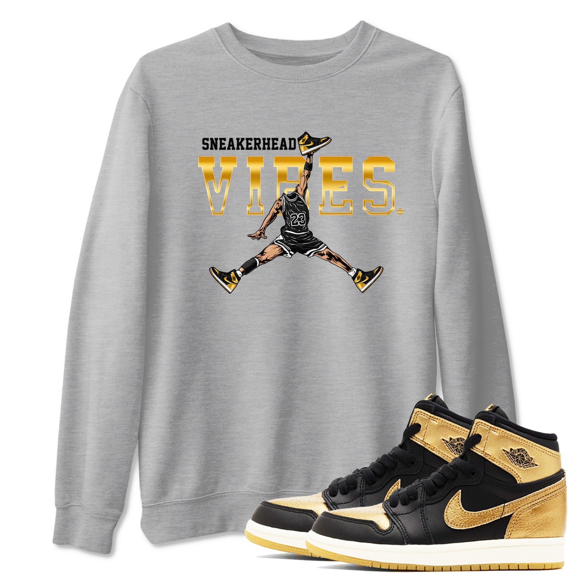 Air Jordan 1 High OG Black Metallic Gold shirts to match jordans Sneakerhead Vibes sneaker match tees Jordan 1 Black Metallic Gold SNRT Sneaker Tees streetwear brand Heather Grey 1 unisex cotton tee