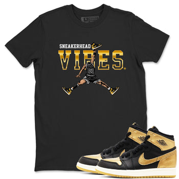 Air Jordan 1 High OG Black Metallic Gold shirts to match jordans Sneakerhead Vibes sneaker match tees Jordan 1 Black Metallic Gold SNRT Sneaker Tees streetwear brand Black 1 unisex cotton tee