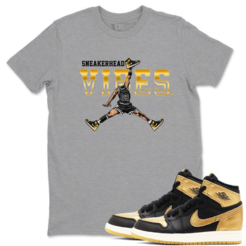 Air Jordan 1 High OG Black Metallic Gold shirts to match jordans Sneakerhead Vibes sneaker match tees Jordan 1 Black Metallic Gold SNRT Sneaker Tees streetwear brand Heather Grey 1 unisex cotton tee
