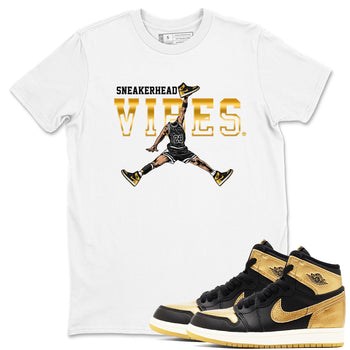 Air Jordan 1 High OG Black Metallic Gold shirts to match jordans Sneakerhead Vibes sneaker match tees Jordan 1 Black Metallic Gold SNRT Sneaker Tees streetwear brand White 1 unisex cotton tee
