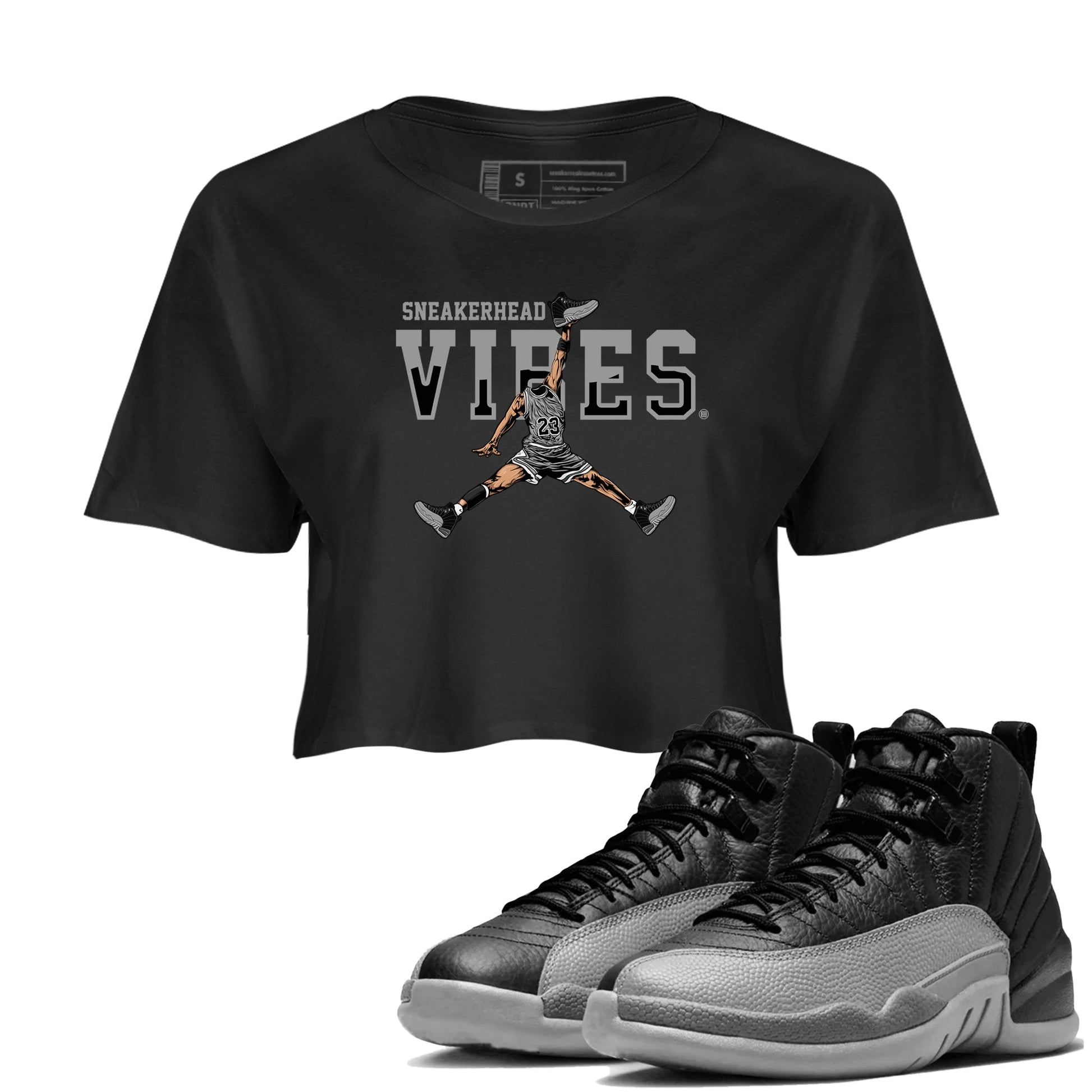 12s Black Wolf Grey shirts to match jordans Sneakerhead Vibes sneaker match tees Air Jordan 12 Black Wolf Grey SNRT Sneaker Release Tees unisex cotton Black 1 Crop Shirts
