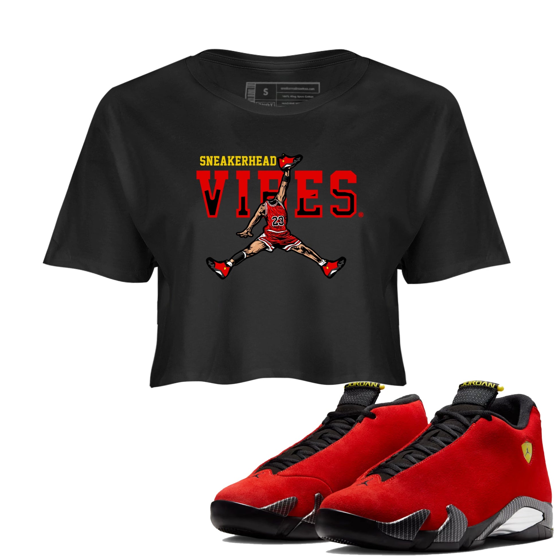 Sneakerhead Vibes womens crop tee perfect shirts to match jordans the Air Jordan 14 Challenge Red sneakers — the perfect match in Black 1.
