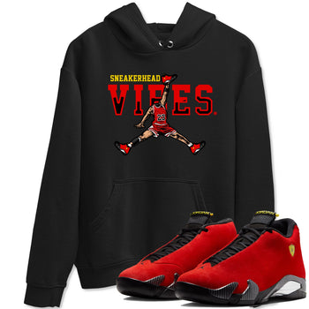 Sneakerhead Vibes sneaker match t-shirt styled to complete your fit with the Air Jordan 14 Challenge Red sneakers, graphic shirts in Black 1.