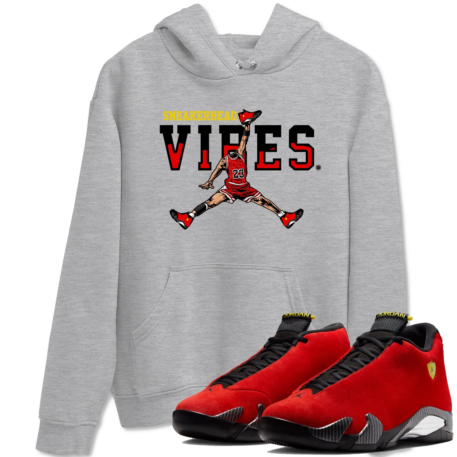 Sneakerhead Vibes sneaker match t-shirt styled to complete your fit with the Air Jordan 14 Challenge Red sneakers, graphic shirts in Heather Grey 1.