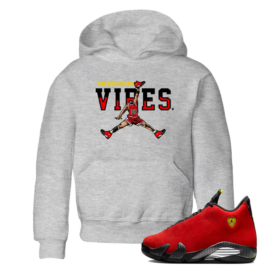 Sneakerhead Vibes baby and kids t-shirt crafted for little sneakerheads to shine with the Air Jordan 14 Challenge Red sneakers, displayed in Heather Grey 1.