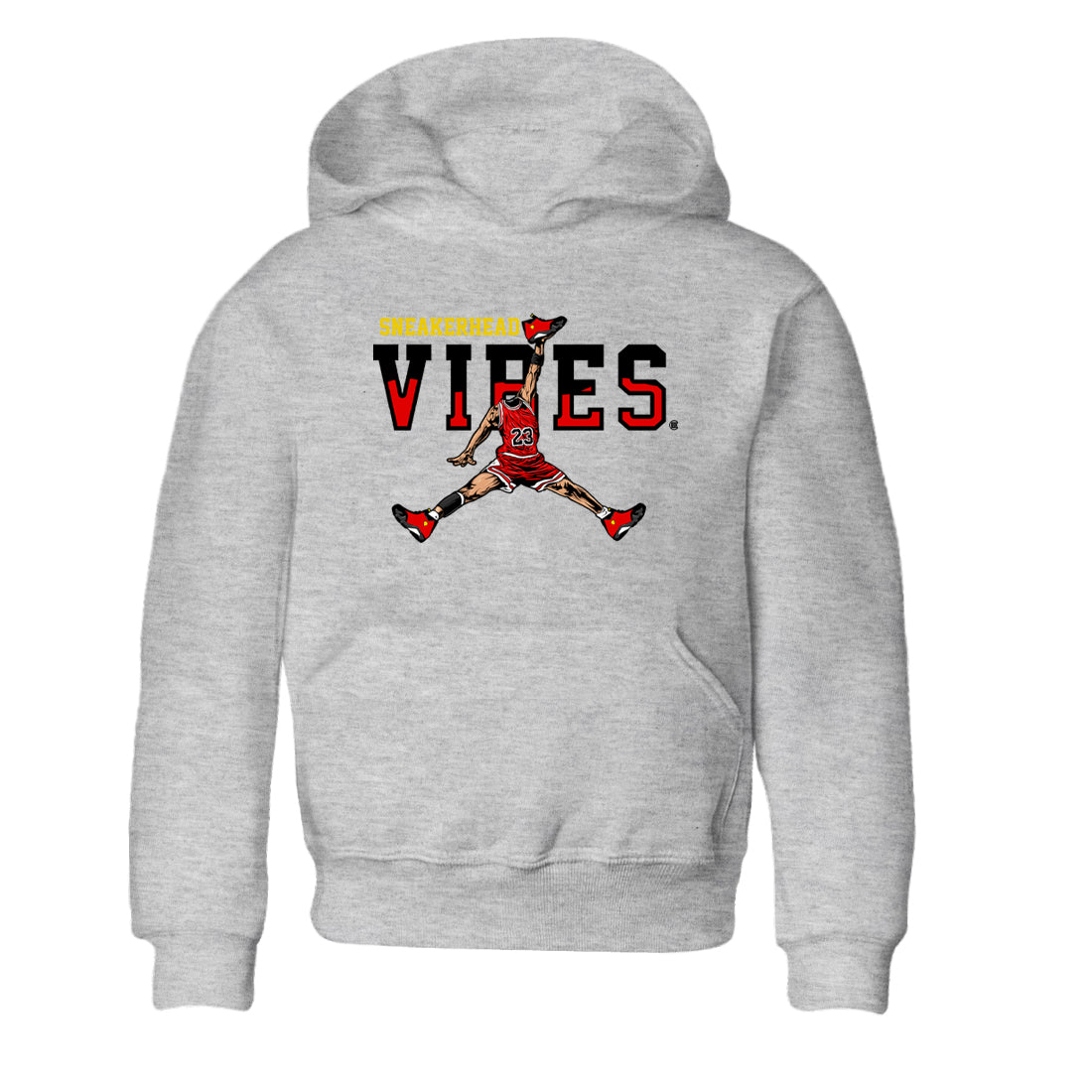 Sneakerhead Vibes baby and kids t-shirt crafted for little sneakerheads to shine with the Air Jordan 14 Challenge Red sneakers, displayed in Heather Grey 2.