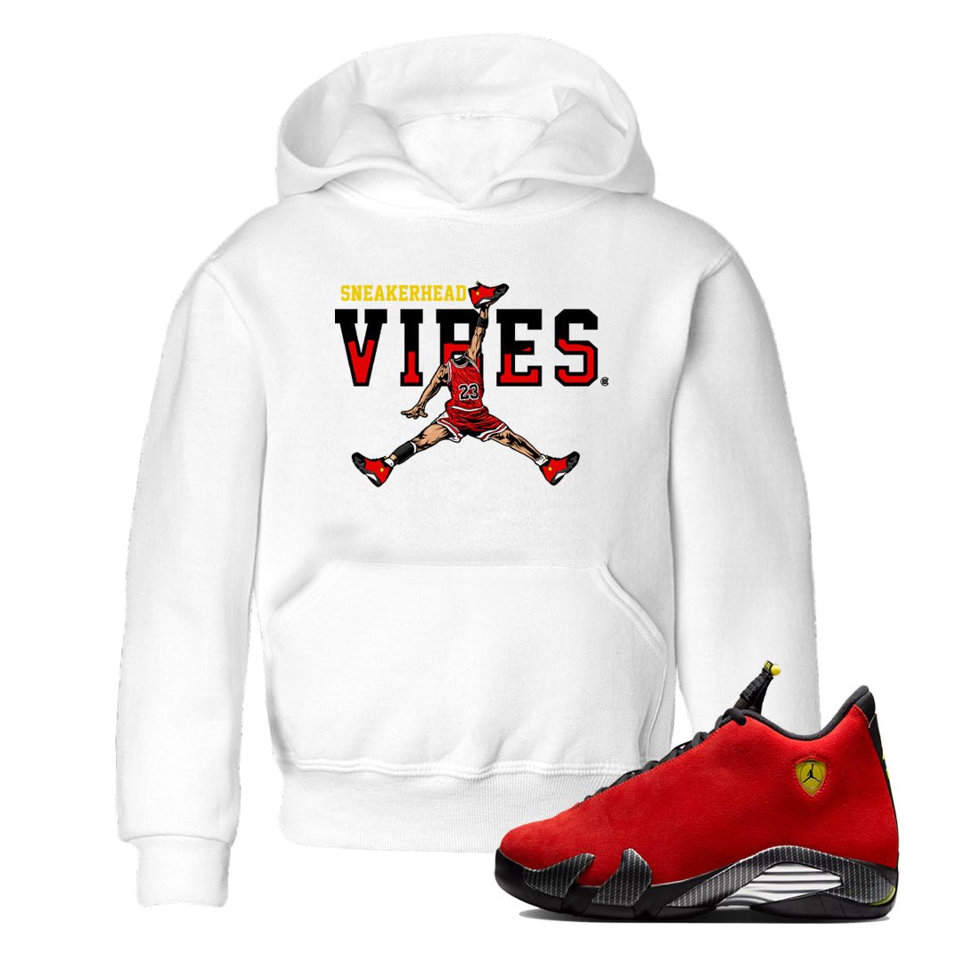 Sneakerhead Vibes baby and kids t-shirt crafted for little sneakerheads to shine with the Air Jordan 14 Challenge Red sneakers, displayed in White 1.