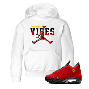 Sneakerhead Vibes baby and kids t-shirt crafted for little sneakerheads to shine with the Air Jordan 14 Challenge Red sneakers, displayed in White 1.