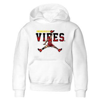 Sneakerhead Vibes baby and kids t-shirt crafted for little sneakerheads to shine with the Air Jordan 14 Challenge Red sneakers, displayed in White 2.