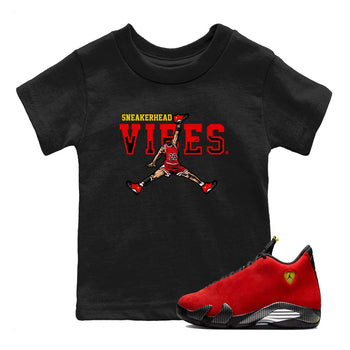Sneakerhead Vibes baby and kids t-shirt crafted for little sneakerheads to shine with the Air Jordan 14 Challenge Red sneakers, displayed in Black 1.