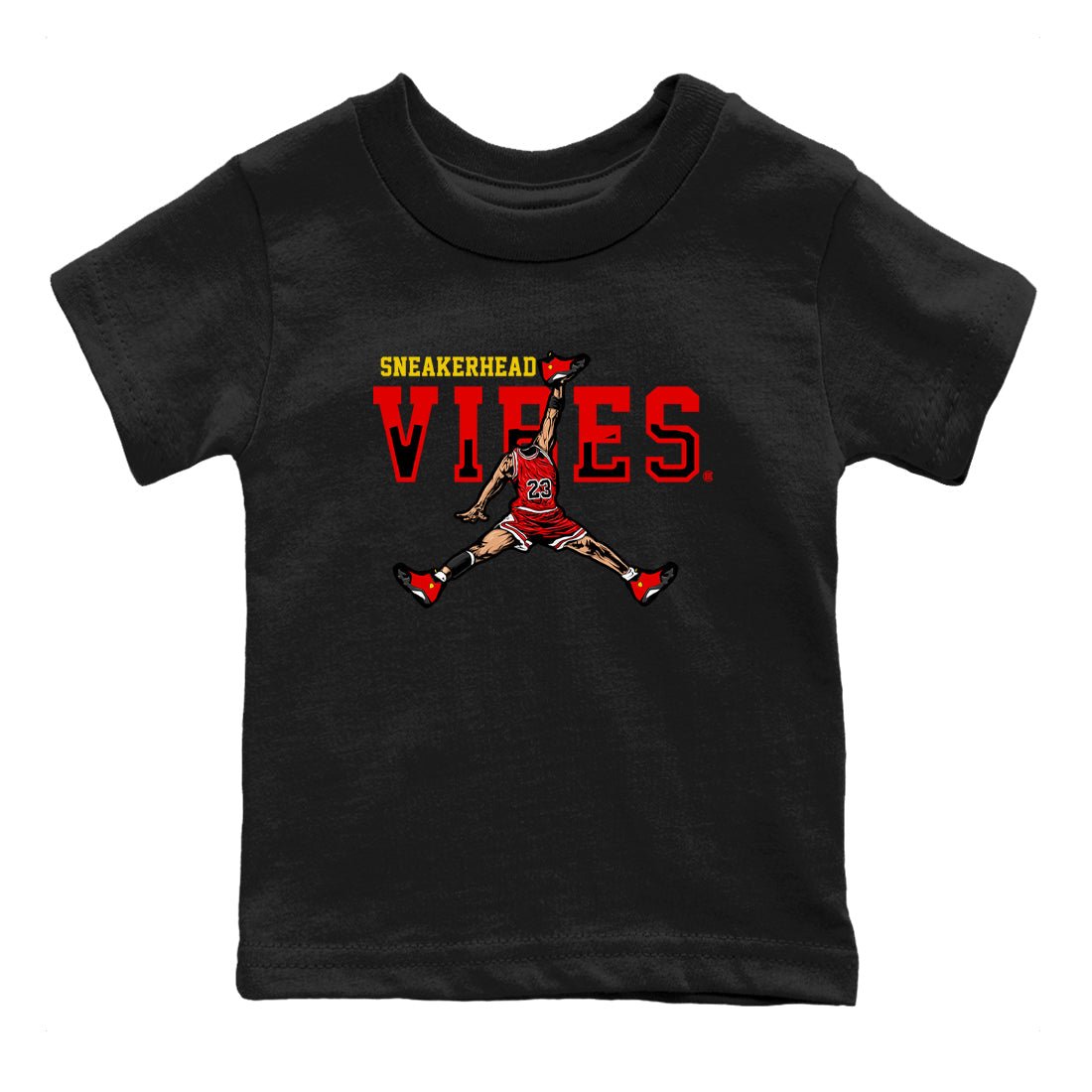 Sneakerhead Vibes baby and kids t-shirt crafted for little sneakerheads to shine with the Air Jordan 14 Challenge Red sneakers, displayed in Black 2.