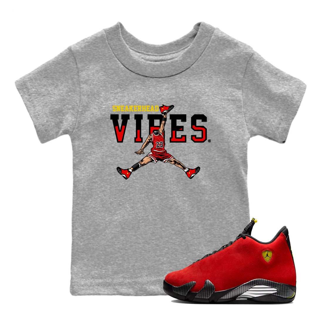 Sneakerhead Vibes baby and kids t-shirt crafted for little sneakerheads to shine with the Air Jordan 14 Challenge Red sneakers, displayed in Heather Grey 1.