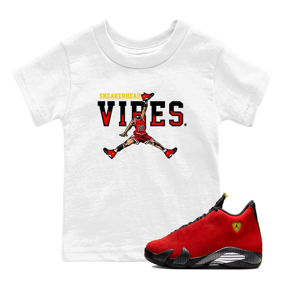 Sneakerhead Vibes baby and kids t-shirt crafted for little sneakerheads to shine with the Air Jordan 14 Challenge Red sneakers, displayed in White 1.