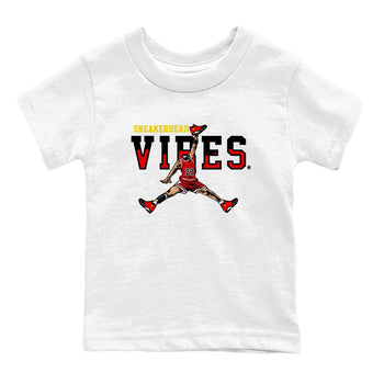 Sneakerhead Vibes baby and kids t-shirt crafted for little sneakerheads to shine with the Air Jordan 14 Challenge Red sneakers, displayed in White 2.