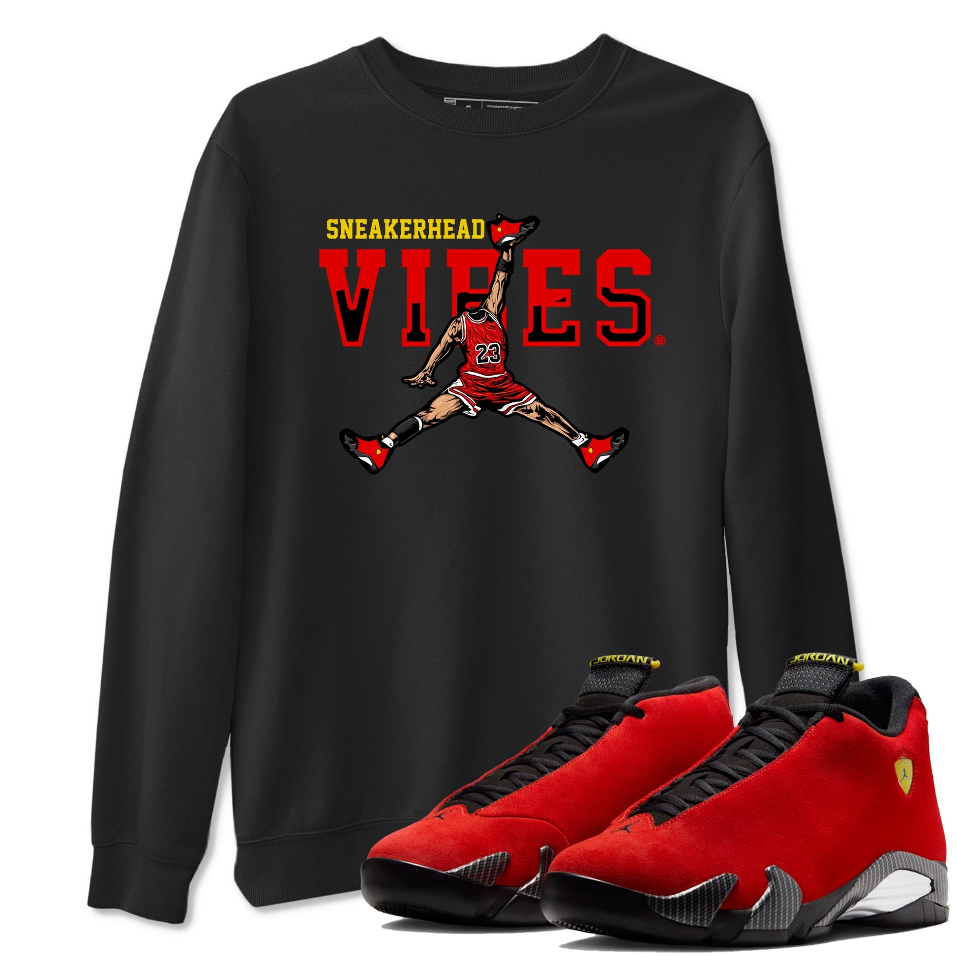 Sneakerhead Vibes sneaker match t-shirt styled to complete your fit with the Air Jordan 14 Challenge Red sneakers, graphic shirts in Black 1.