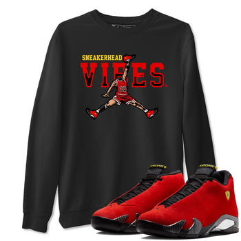 Sneakerhead Vibes sneaker match t-shirt styled to complete your fit with the Air Jordan 14 Challenge Red sneakers, graphic shirts in Black 1.
