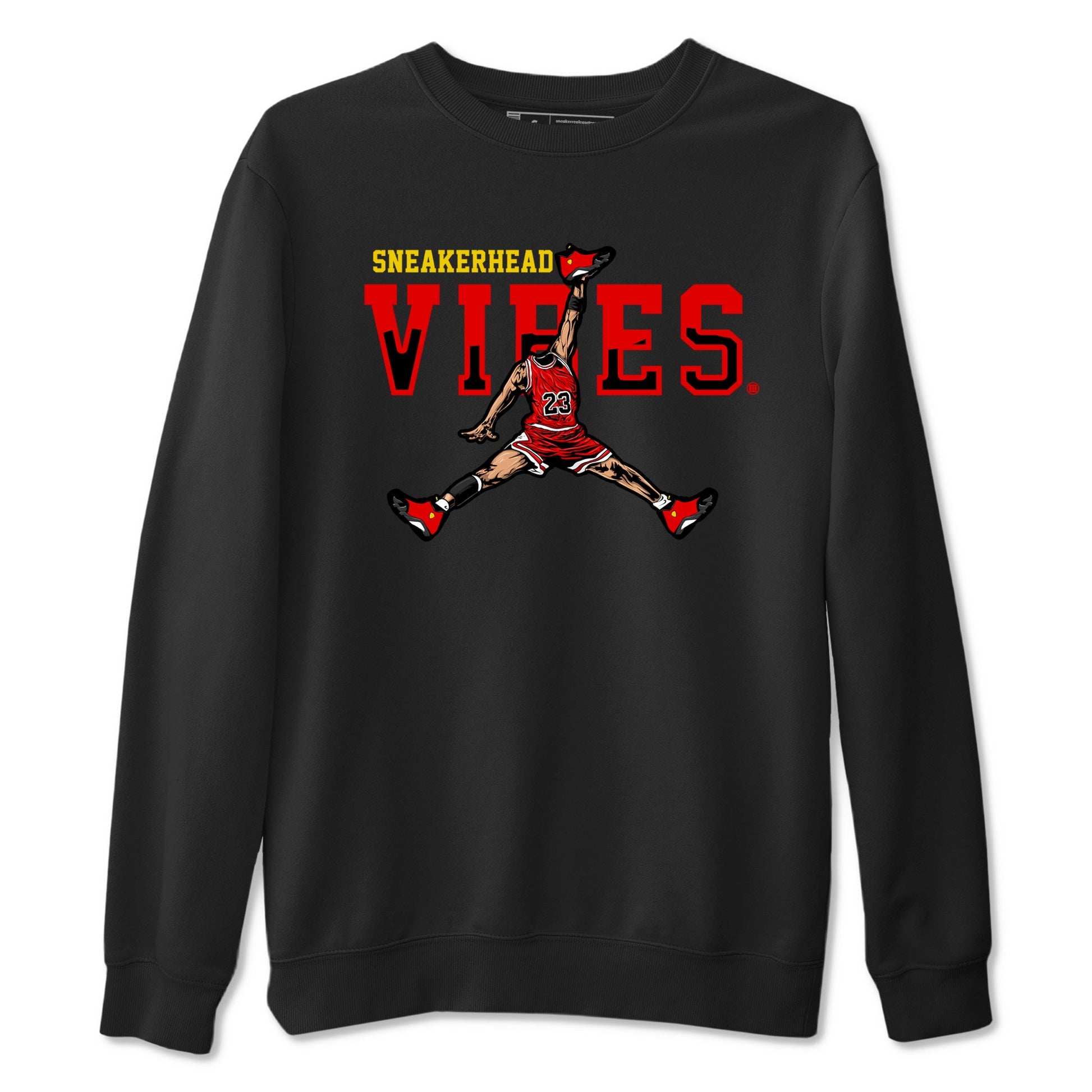 Sneakerhead Vibes sneaker match t-shirt styled to complete your fit with the Air Jordan 14 Challenge Red sneakers, graphic shirts in Black 2.