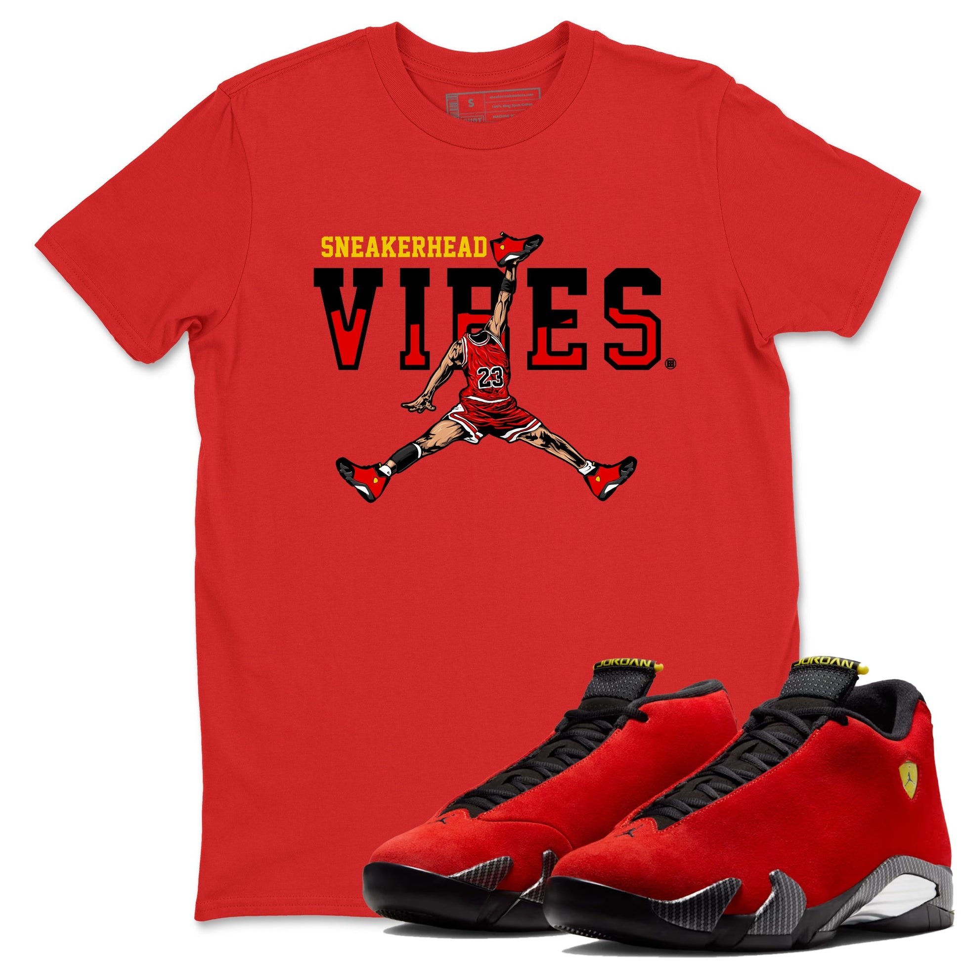 Sneakerhead Vibes sneaker match t-shirt styled to complete your fit with the Air Jordan 14 Challenge Red sneakers, graphic shirts in Red 1.