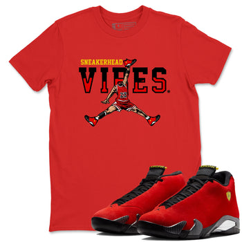 Sneakerhead Vibes sneaker match t-shirt styled to complete your fit with the Air Jordan 14 Challenge Red sneakers, graphic shirts in Red 1.