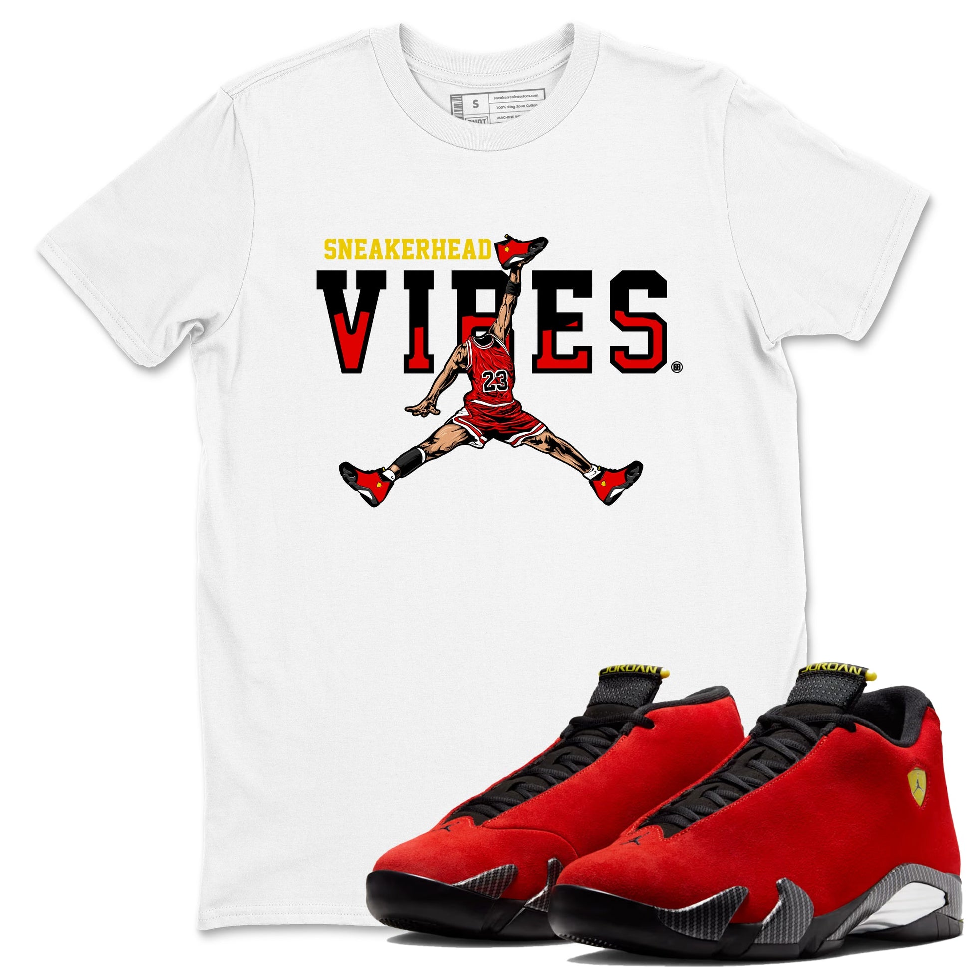 Sneakerhead Vibes sneaker match t-shirt styled to complete your fit with the Air Jordan 14 Challenge Red sneakers, graphic shirts in White 1.