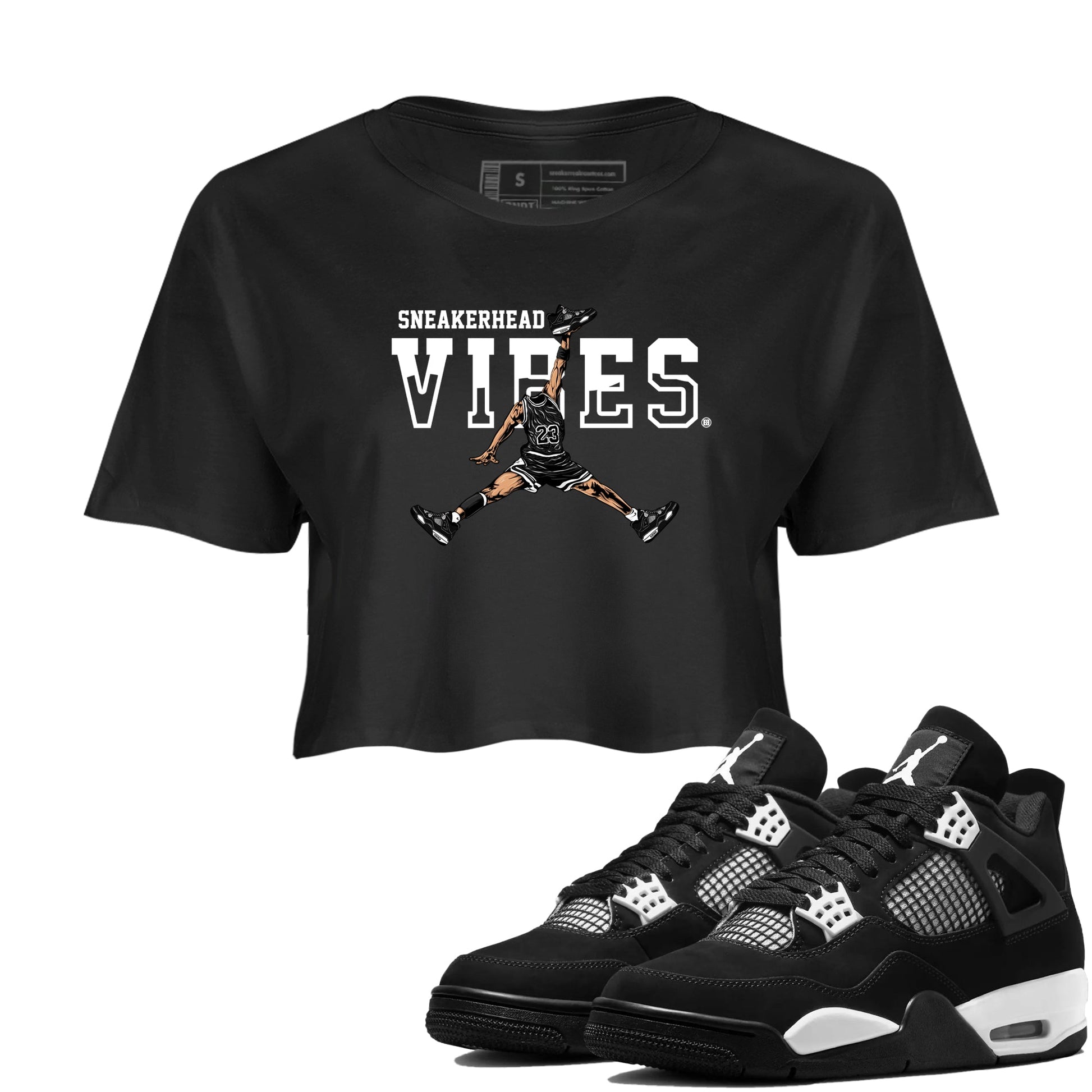 AJ4 White Thunder shirts to match jordans Sneakerhead Vibes sneaker match tees Air Jordan 4 White Thunder SNRT Sneaker Tees streetwear brand Black 1 crop tee